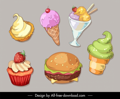 dessert food icons colorful handdrawn classic sketch