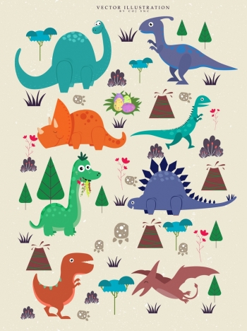 dinosaur background various multicolored species icons