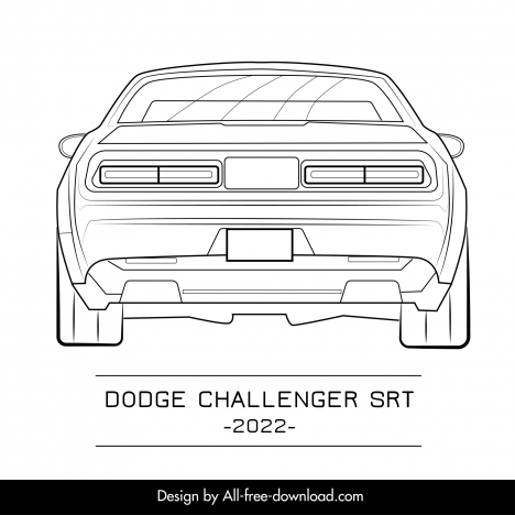 dodge challenger srt 2022 car model icon flat black white handdrawn back view outline