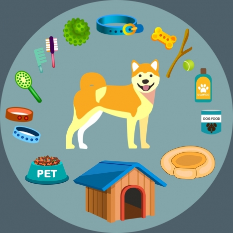 dog pet accessories icons 3d colored design
