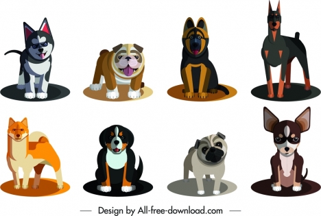 dog species icons cute colored cartoon design