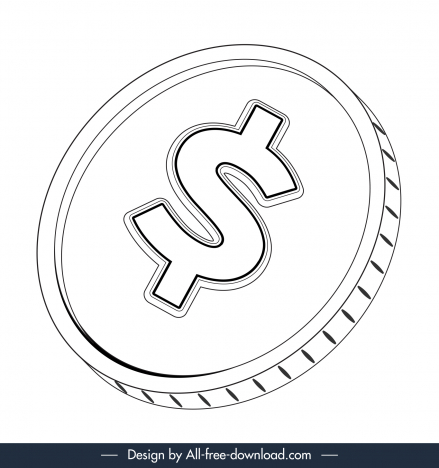 dollar coin sign icon black white 3d circle shape outline