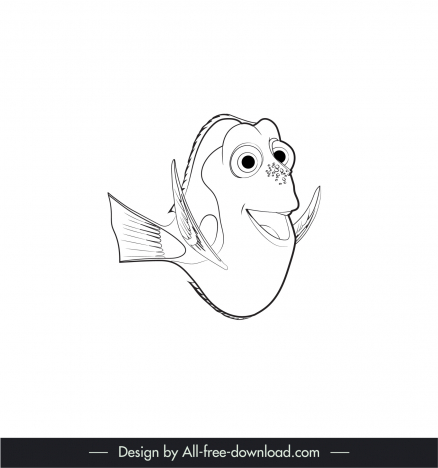 Dori finding nemo fish icon cute black white handdrawn cartoon outline  vectors stock in format for free download 162 bytes