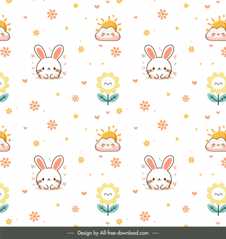 easter seamless pattern flat handdrawn cute rabbits flowers sun repeating