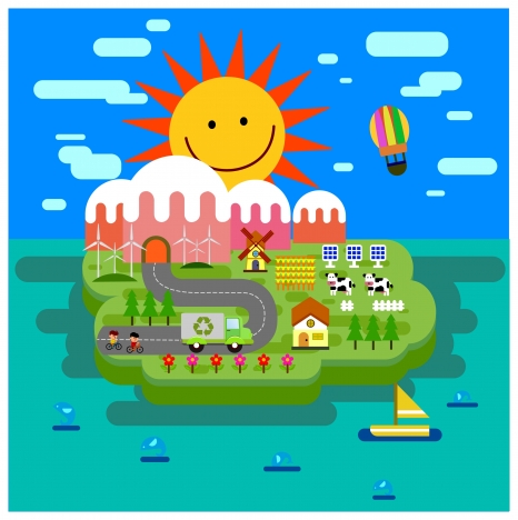 eco island concept with cartoon style illustration