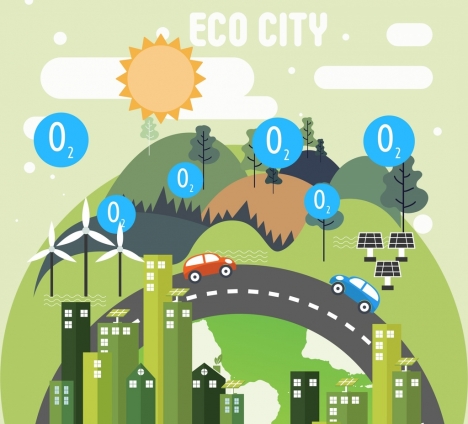 ecology city background hill buildings car road icons