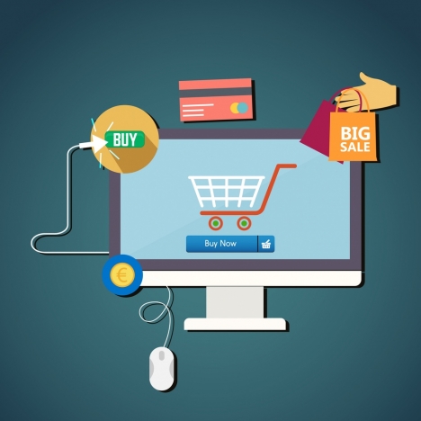 ecommerce promotion banner computer cart icons flat design