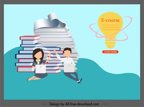 elearning poster lightbulb books stack learners icons sketch