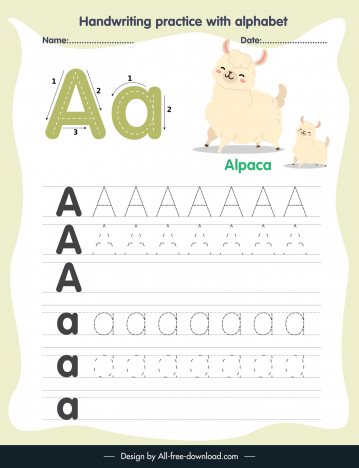 elementary school education handwriting practice template alphabet letter tracing a lovely alpaca sketch