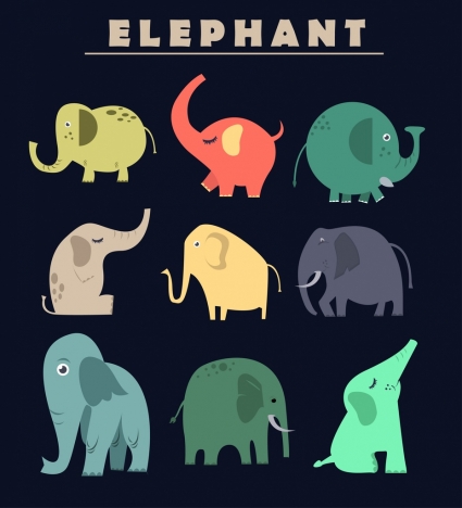 elephant icons collection colored cartoon design