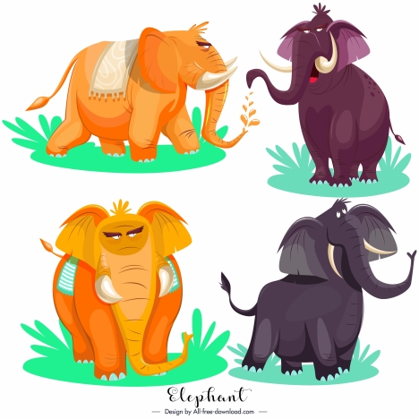 elephant icons colored cartoon sketch