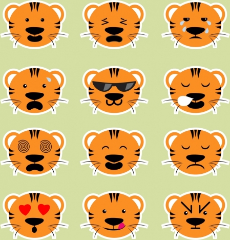 emotional icons collection cartoon tiger head decoration