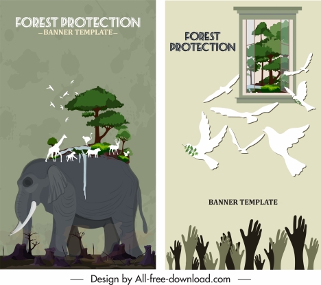 environment protection banners damaged nature symbols sketch