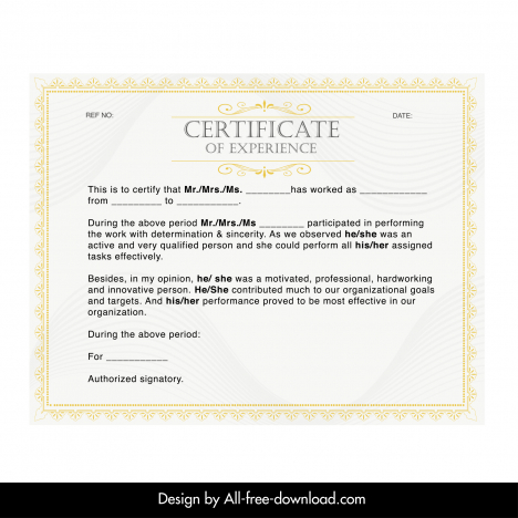 experience certificate template elegant symmetric border blurred curves decor