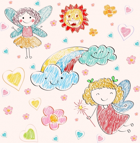 fairy drawing stylized icons colorful handdrawn sketch