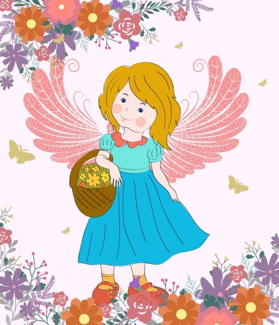 fairy drawing winged girl floral decor colored cartoon