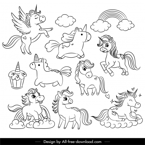 fairy tale icons handdrawn unicorns rainbow sketch