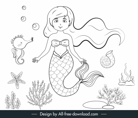 Fairy tale mermaid painting black white handdrawn cartoon vectors stock