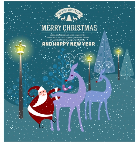 falling snow background christmas card with santa reindeers
