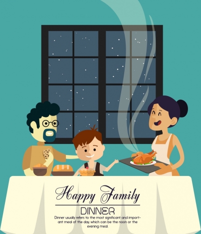 family dinner banner parents kid icons cartoon design