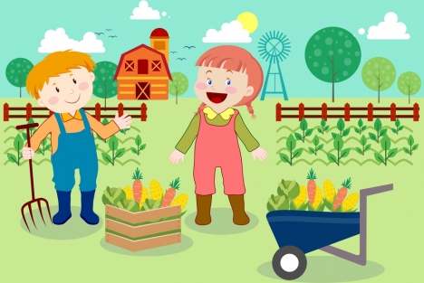 farming background cute kids icons multicolored cartoon design