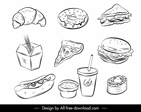 fast food icons black white handdrawn sketch