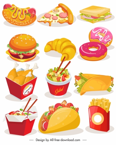 fast food icons colorful 3d sketch