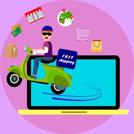 fast shipping banner boy riding motorbike computer icon