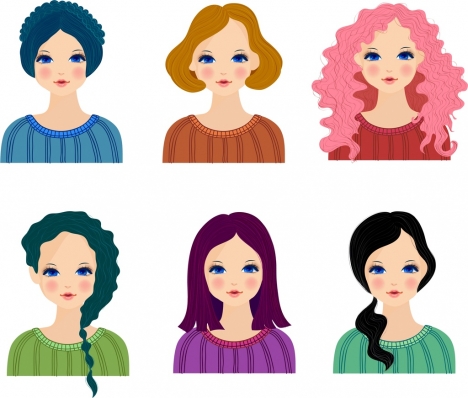 female hairstyle collection avatar icons colored cartoon design
