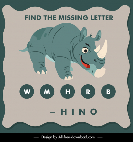 find the missing letter educational template rhino animal texts blank outline