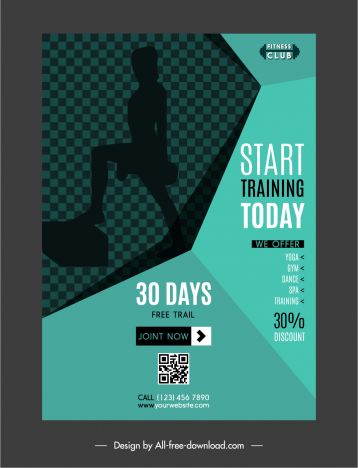 fitness club sale leaflet template checkered geometric silhouette decor