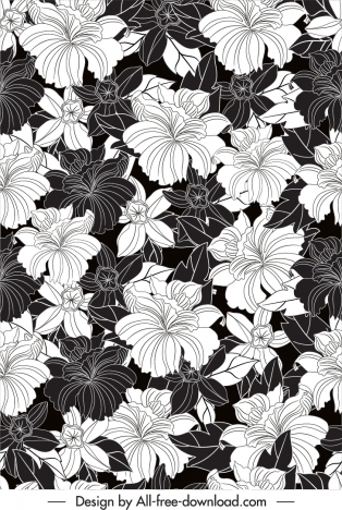floral pattern template black white retro handdrawn sketch
