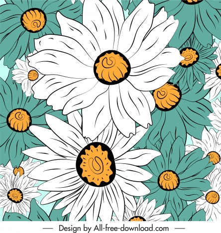flowers background colored classic handdrawn sketch closeup design