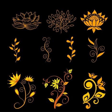 flowers icons collection yellow decoration various types sketch