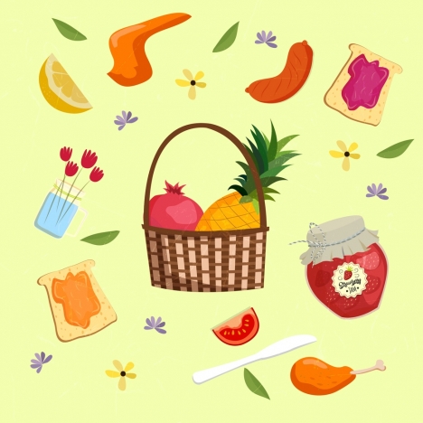 food background basket fruit jam sausage icons decor