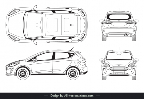 ford fiesta 2017 car icons flat black white handdrawn different views outline