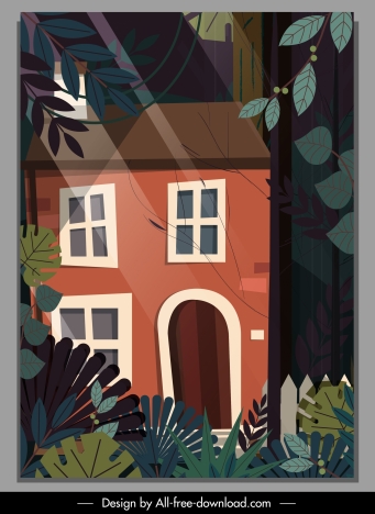 forest house painting dark colorful classic sketch