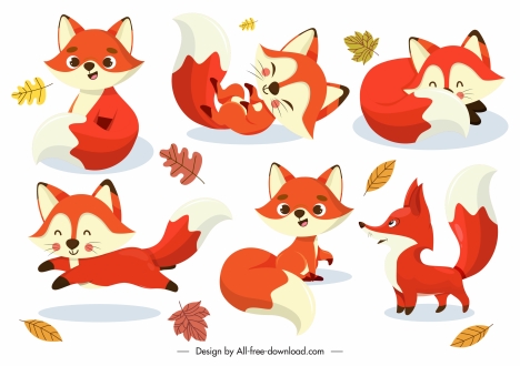 fox icons cute cartoon sketch dynamic gestures