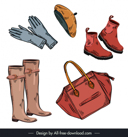 french fashion accessories icons retro handdrawn personal objects sketch