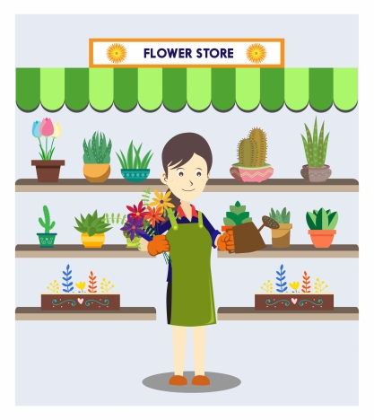 fresh flower store vector illustration with smiling owner