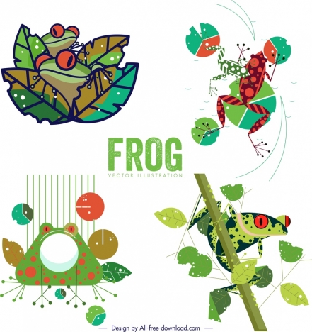 frog icons sets colorful classical sketch