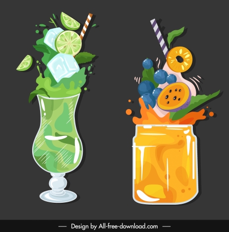 fruit cocktail icons colorful classic dynamic sketch