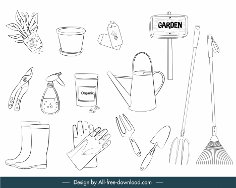 gardening tools icons black white handdrawn sketch