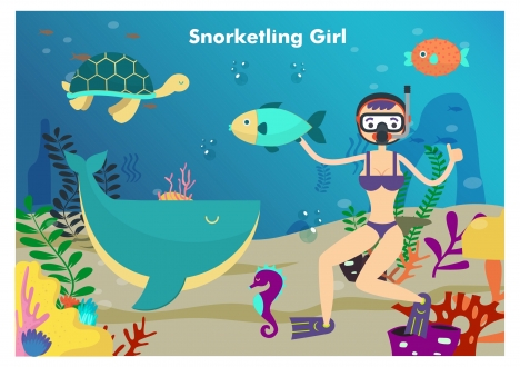 girl snorkelling in sea vector illustration in colors