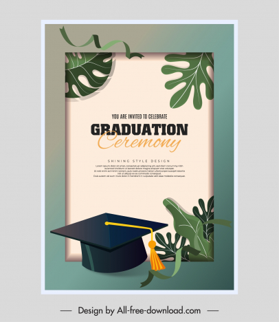 graduation ceremony poster template 3d hat leaves elegance