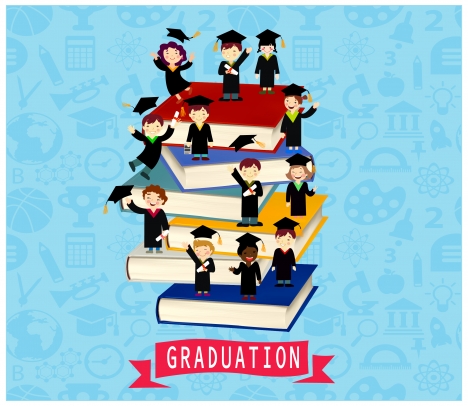 graduation vector illustration with cheering bachelors and books