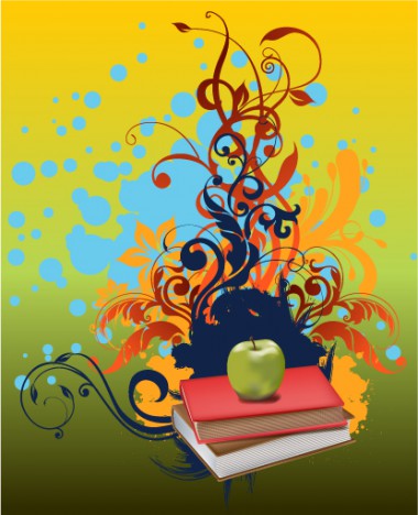 Green apple and red book in flora art