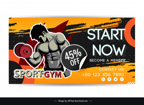 gym club discount banner template muscle athlete grunge