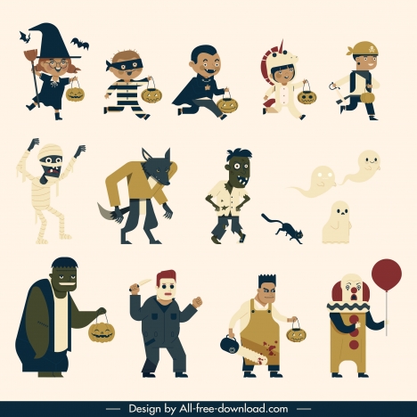 halloween design elements costumed cartoon characters sketch