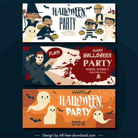 Halloween party banners funny horror characters horizontal design vectors  stock in format for free download 